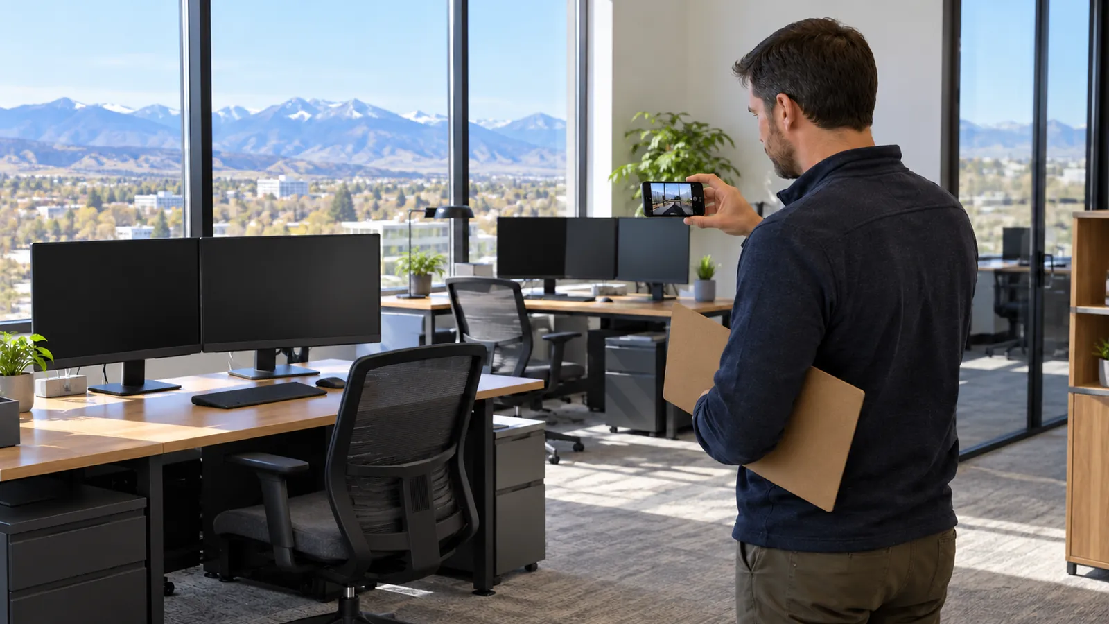 An owner lists office equipment, desks and computers on a clipboard in a quiet office