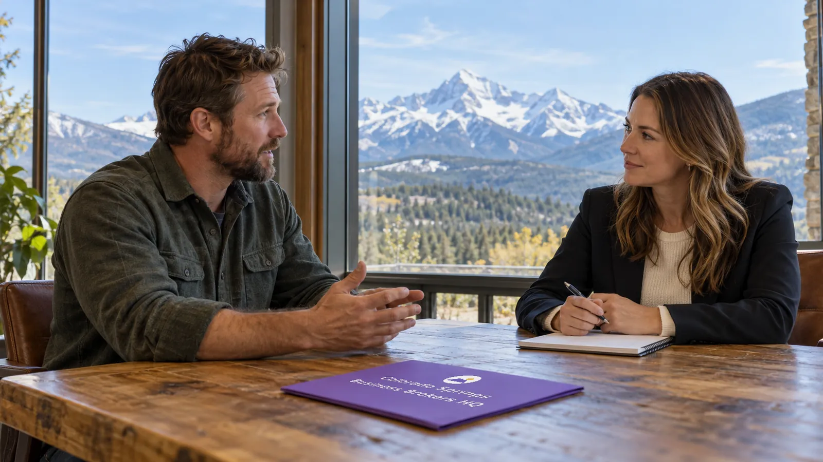 A business owner and a broker talk at a table by a window with Pikes Peak in the distance and a violet folder carrying the site logo