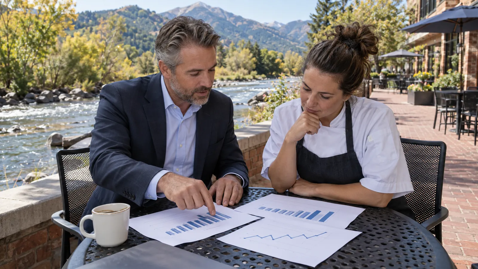A broker and a restaurant owner look over printed sales figures at a patio table beside a brick riverwalk