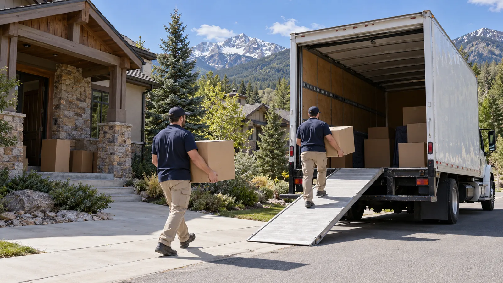 Movers carry boxes from a house into a large moving truck on a suburban street with pine trees behind