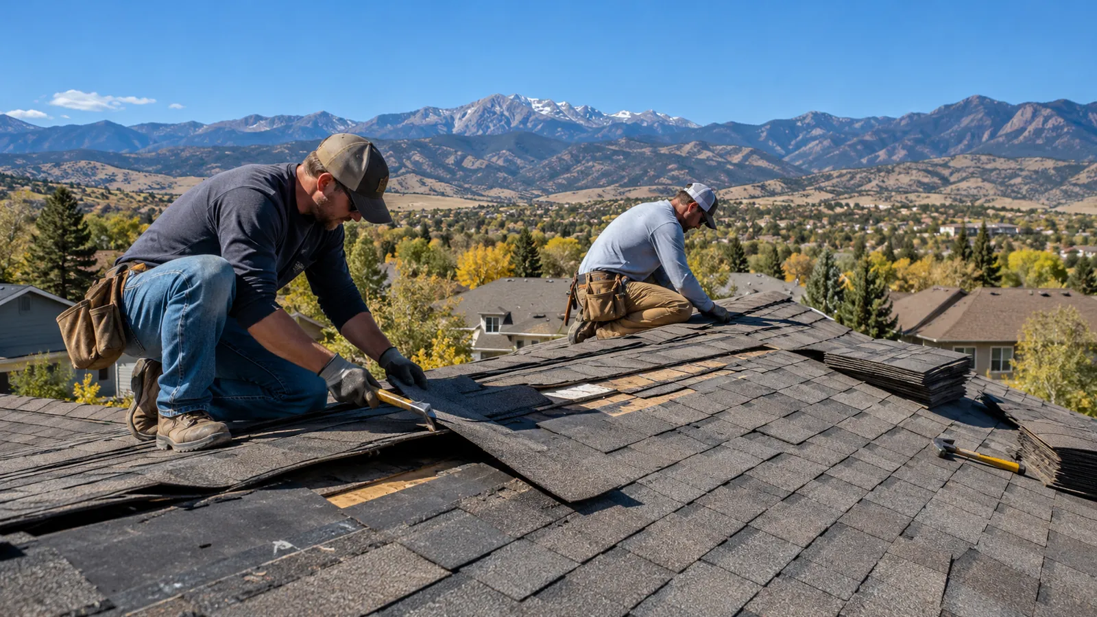 Two roofers replace shingles on a suburban house roof under a deep blue sky with foothills in the distance