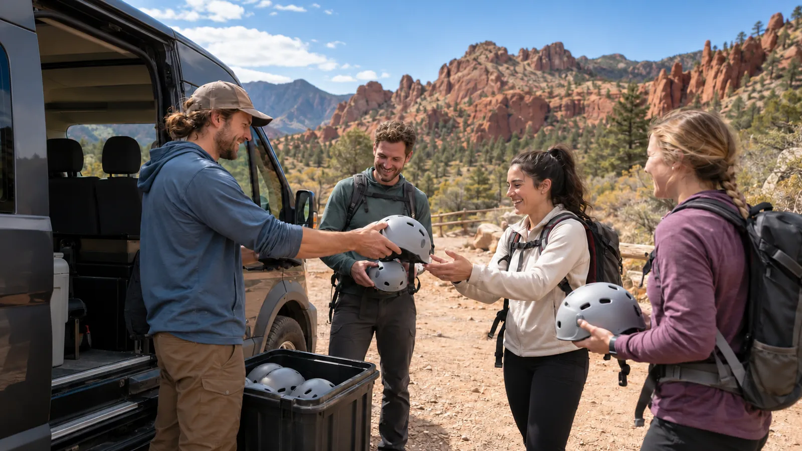 A guide hands out helmets to a small group beside a van at a trailhead with red rock formations behind